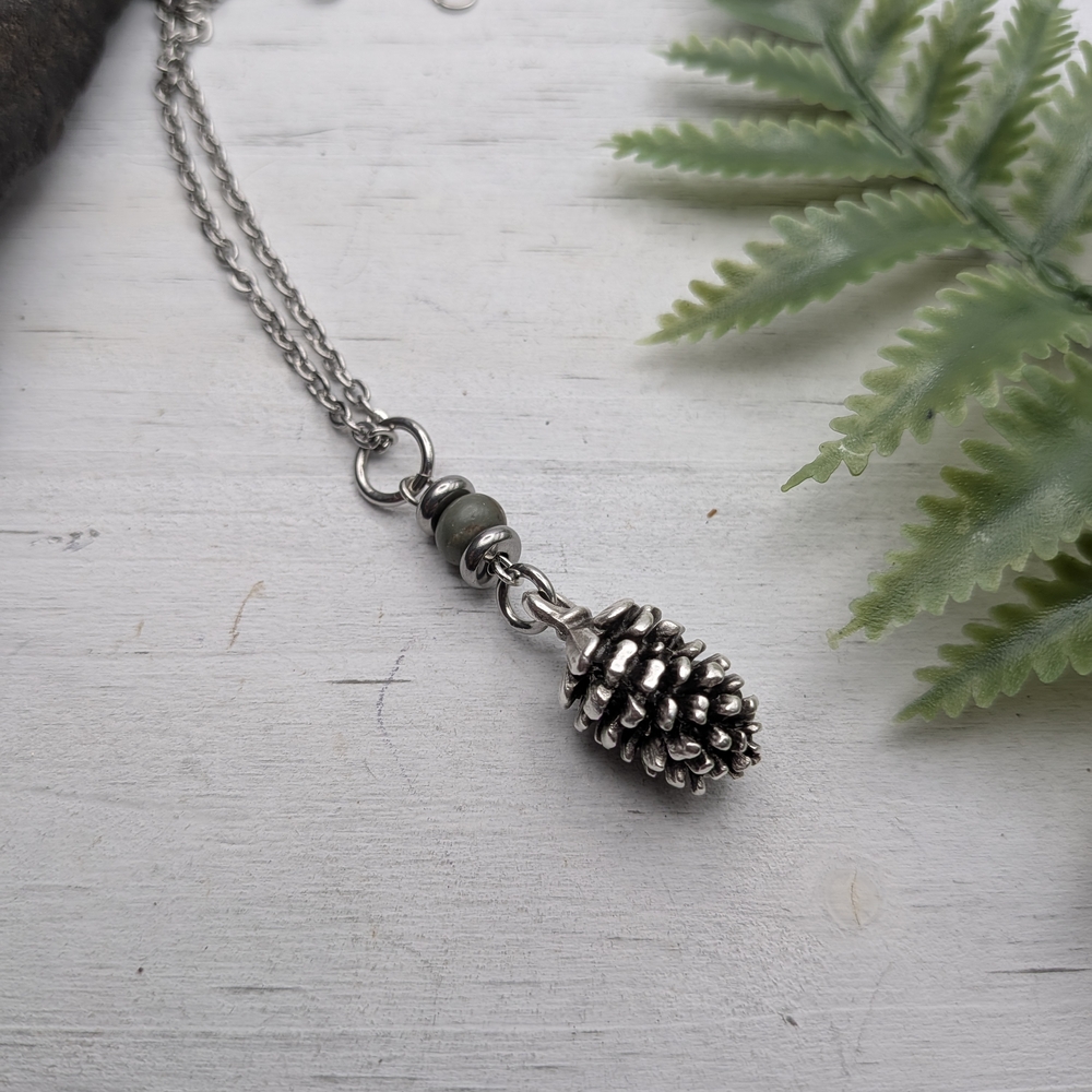 Silver Pinecone Necklace With Green Beads